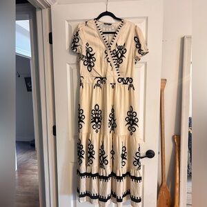 Cream and Black Embroidered Faux Wrap Maxi Dress